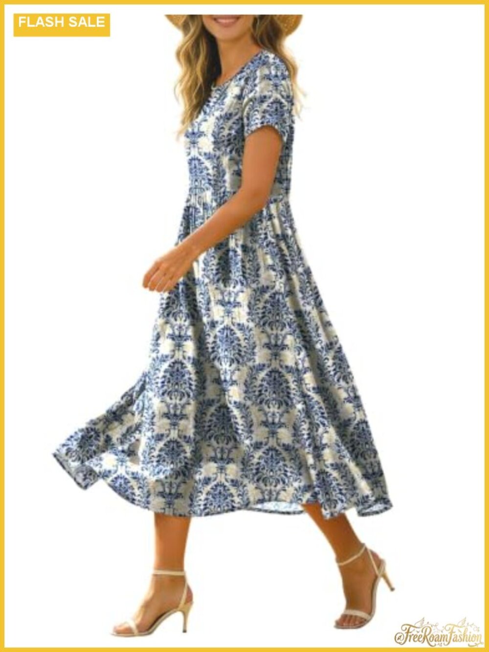 Boho Floral Midi Dress Women Cotton Rayon Beach Vacation Pocket